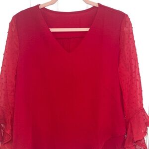 SHEIN Red V-Neck Blouse with Sheer Sleeves